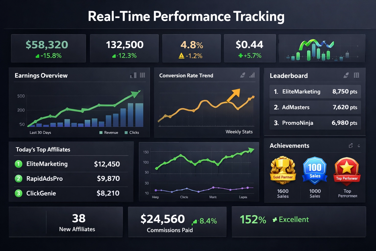Realtime analytics dashboard voor affiliateprestaties met metrics en ranglijsten