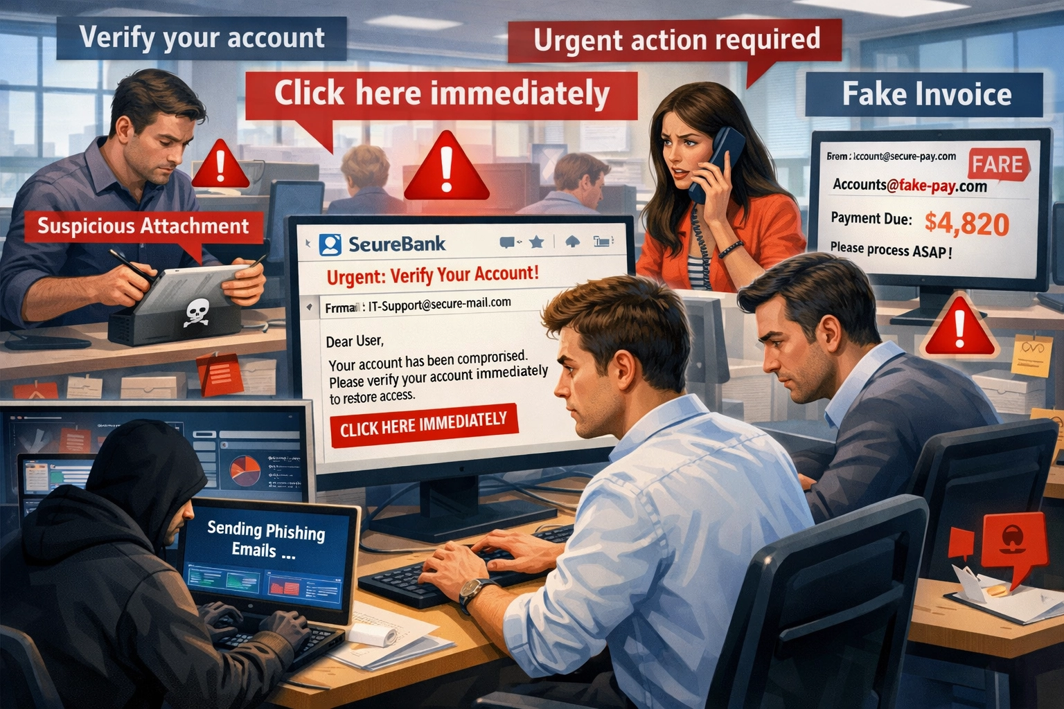 Illustratie van phishing- en social engineering-aanvallen op mkb-medewerkers