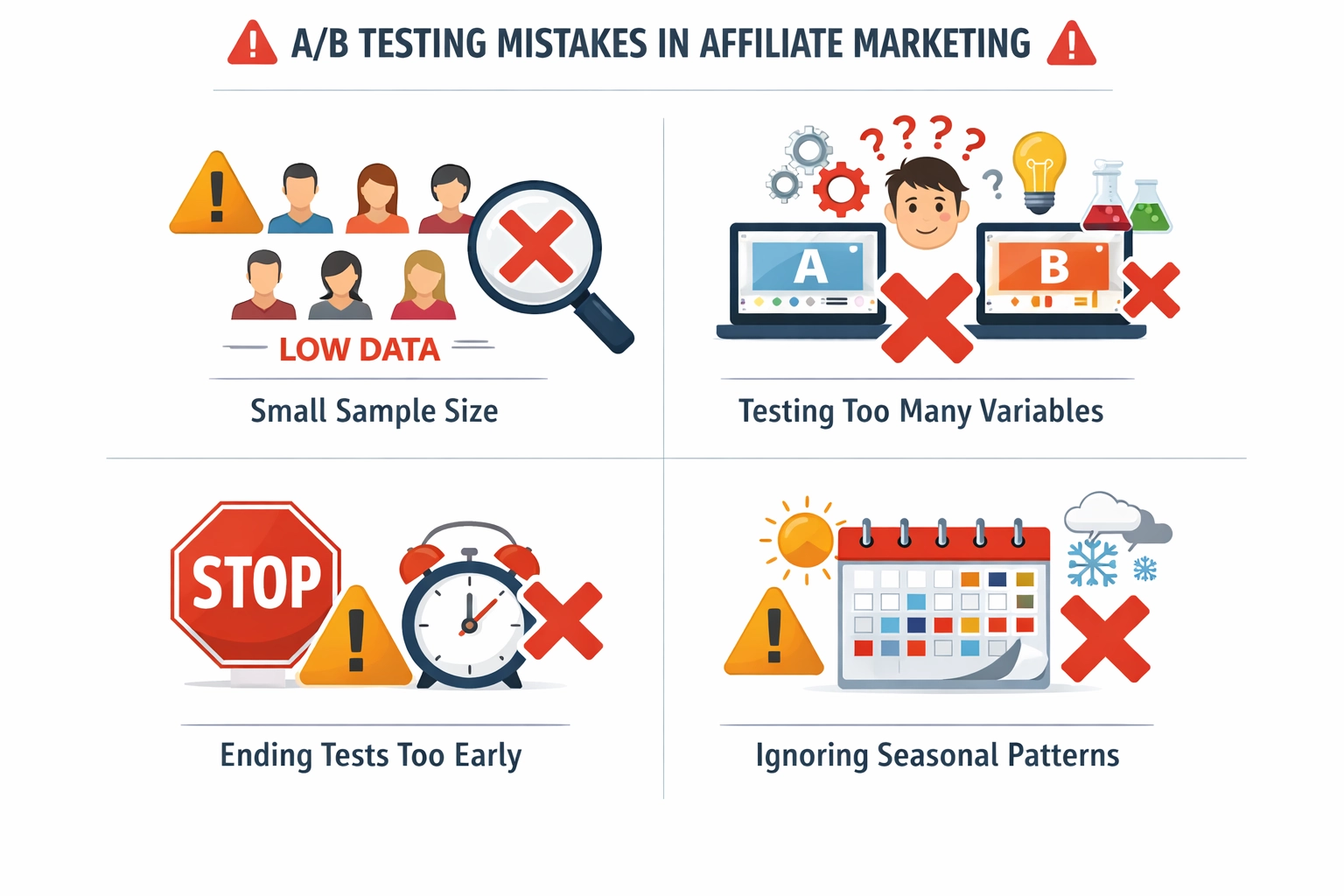 Common A/B testing mistakes including small sample size, multiple variables, early termination, and seasonal variations