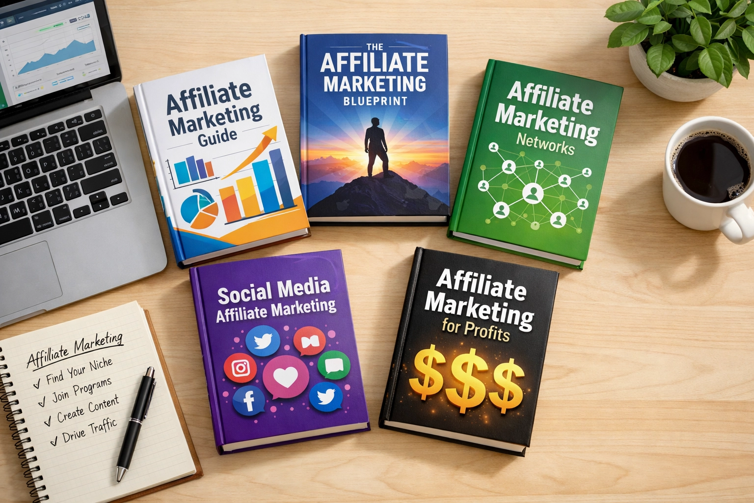 Stapel affiliate marketing-boeken met grafieken en businessdiagrammen