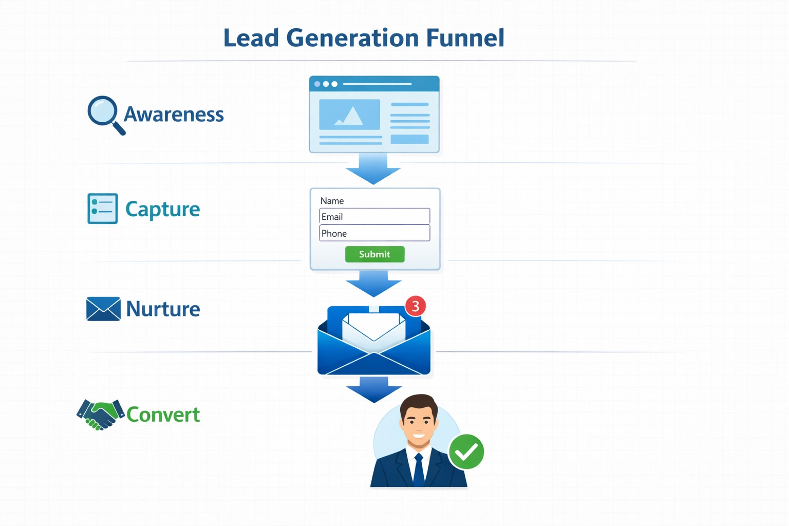 Leadgeneratiefunnel toont bewustwording, vastleggen, verzorgen en converteren