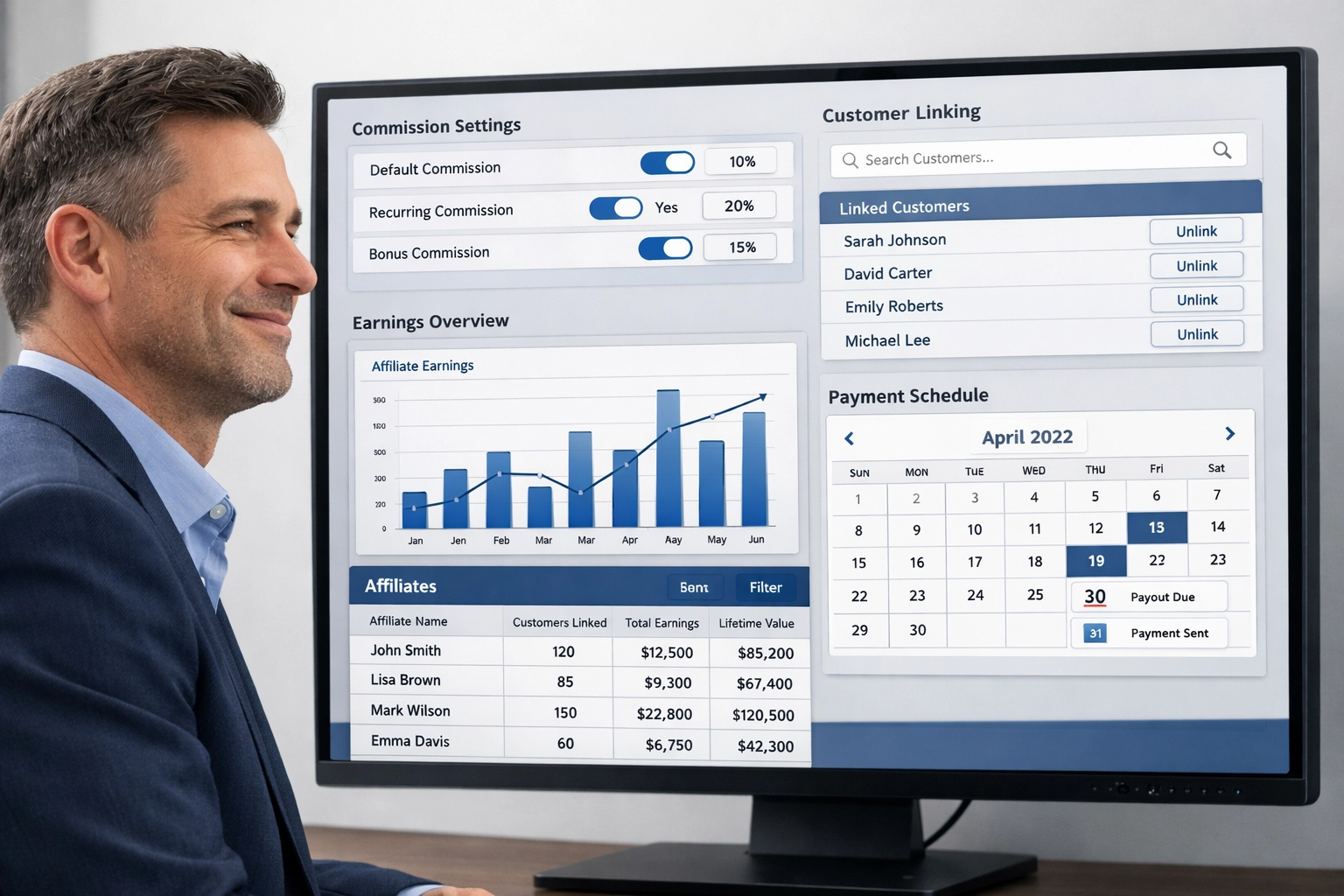 Affiliate programma management dashboard met commissie-instellingen en klantkoppelingsinterface