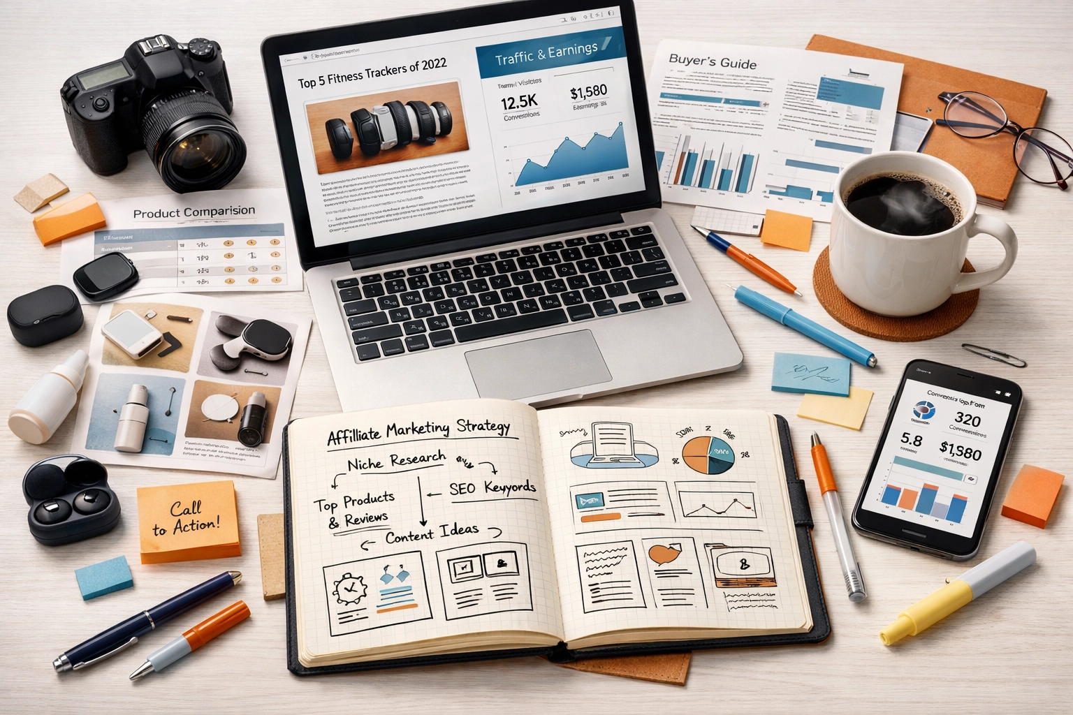 Georganiseerde werkplek met contentcreatie en affiliate marketing strategie