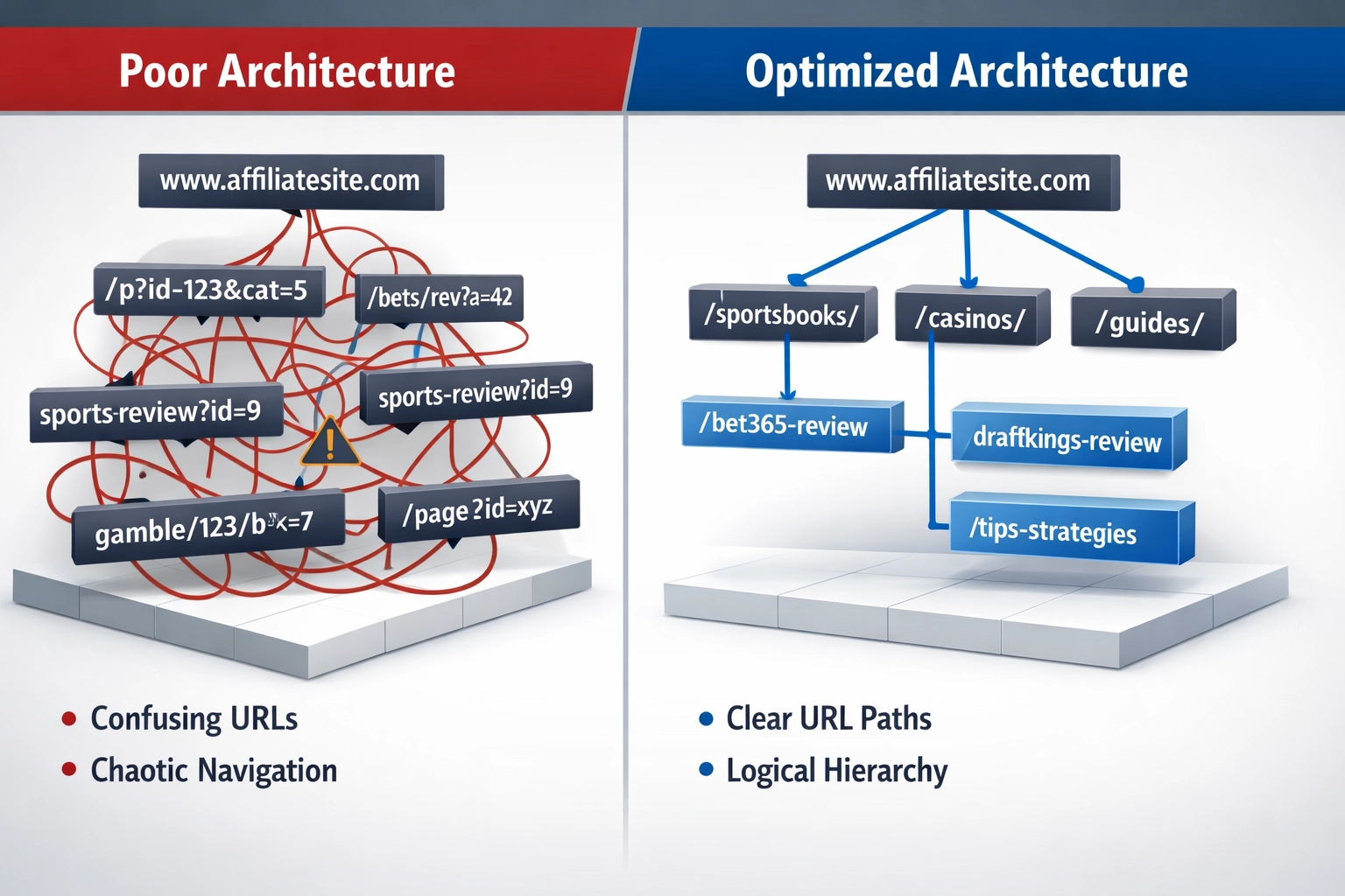 Vergelijking van slechte versus geoptimaliseerde website-architectuur voor wedaffiliatewebsites