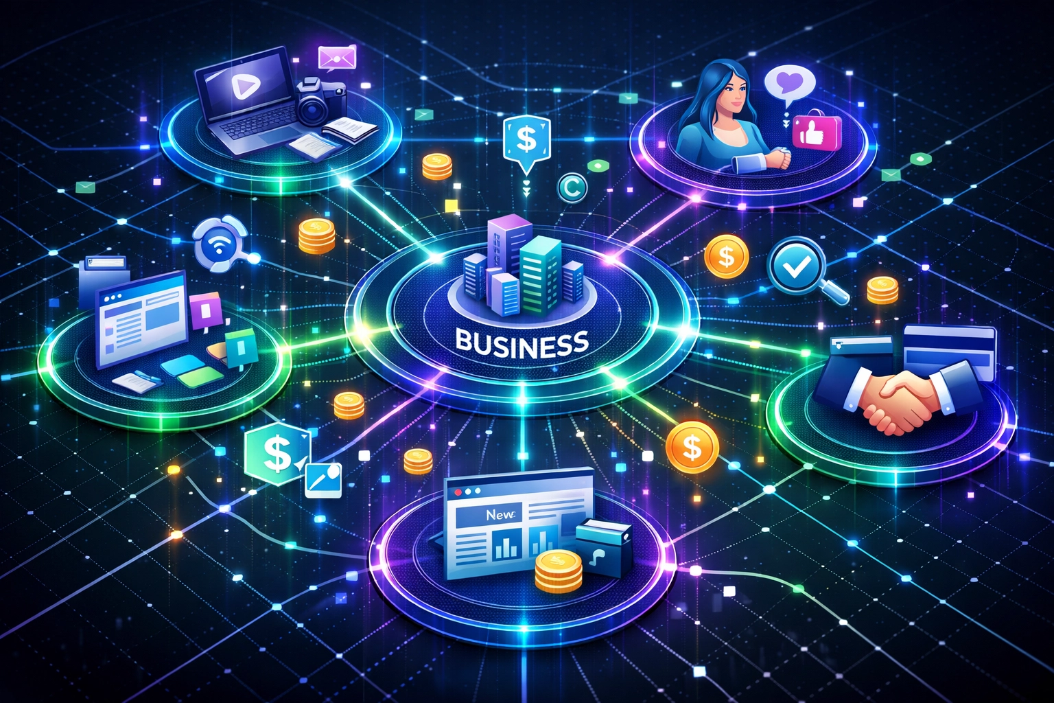 Affiliate netwerk-ecosysteem met verbonden partners en datastromen