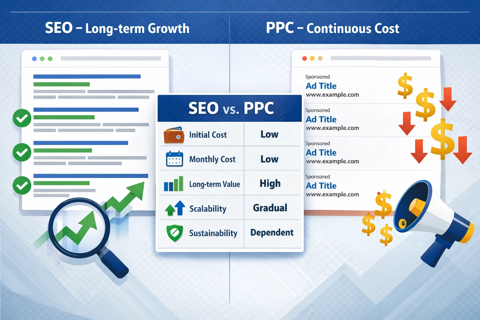 SEO vs PPC vergelijking infographic met kosten en waardevergelijking