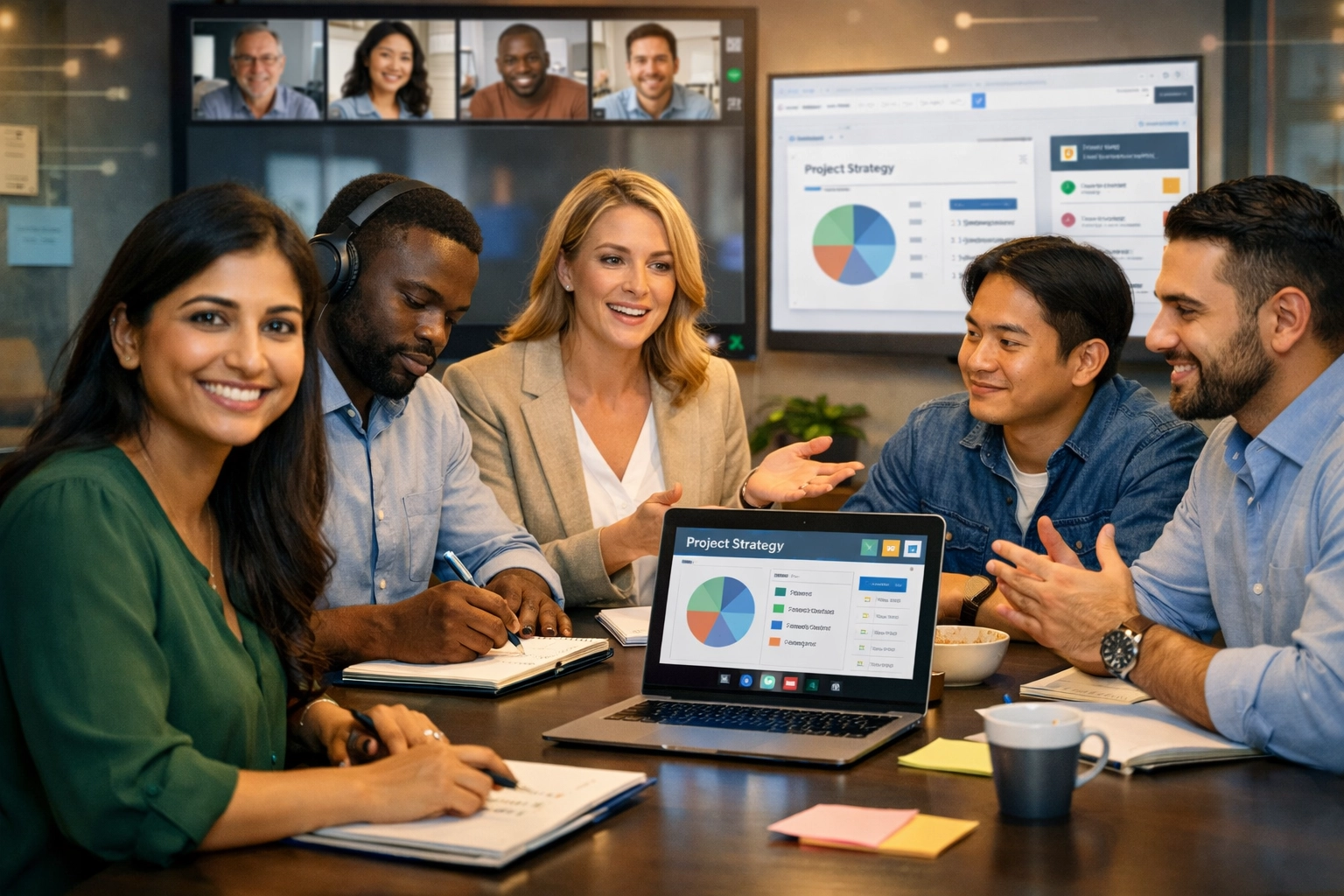 Diverse affiliates in een virtuele, samenwerkende vergadering bezig met teamwork