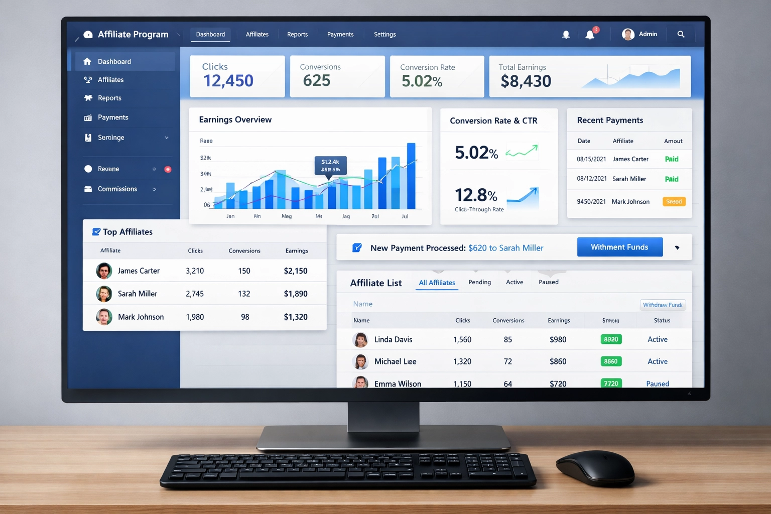 Affiliate programma management dashboard interface