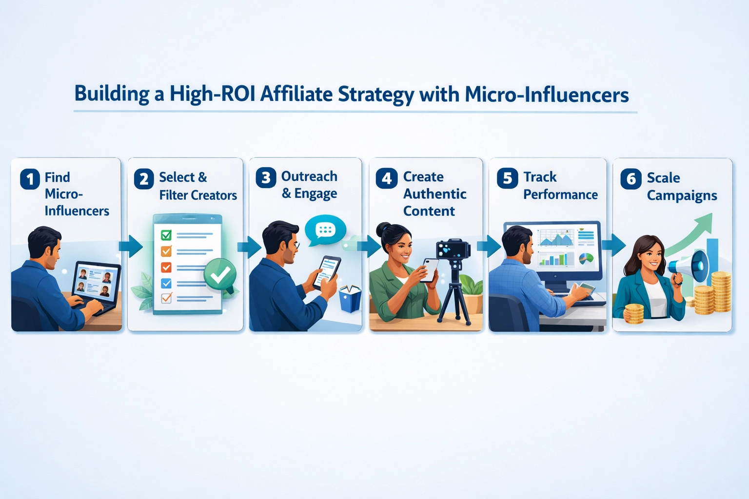 Stapsgewijze workflow die het proces toont van het bouwen van een affiliate strategie met hoge ROI en micro-influencers