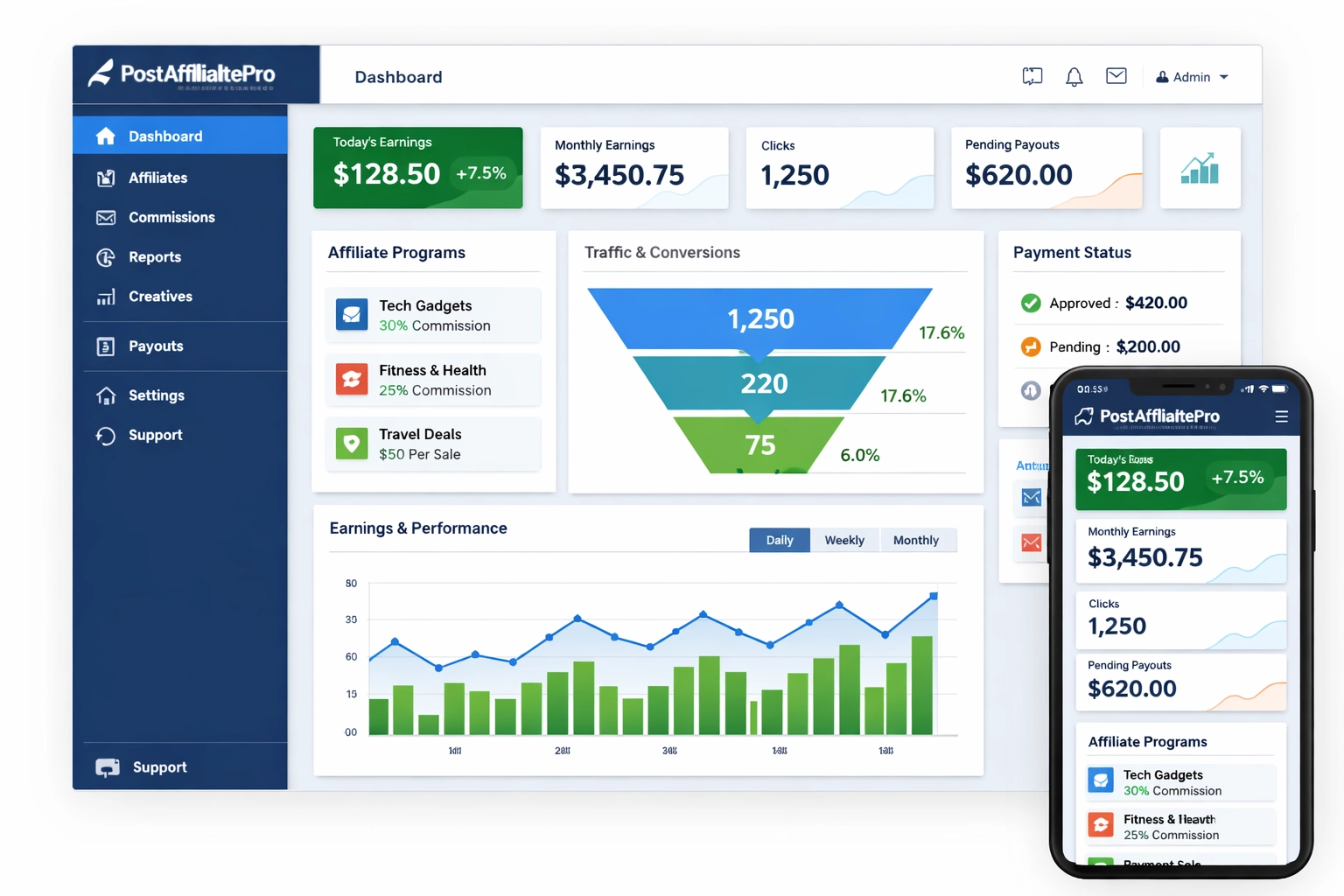 PostAffiliatePro affiliate management dashboard