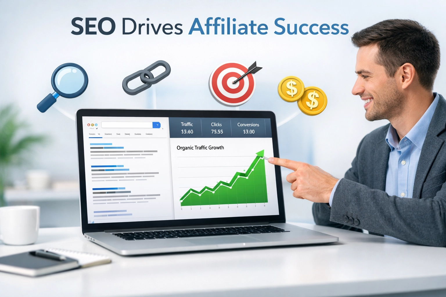 Professionele digitale marketing werkplek met SEO-analyses en affiliate marketing successtatistieken