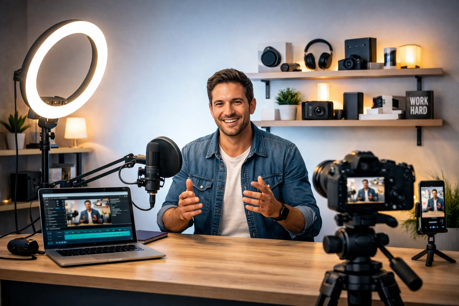 Professionele studio voor het maken van videocontent met belichting en opnameapparatuur