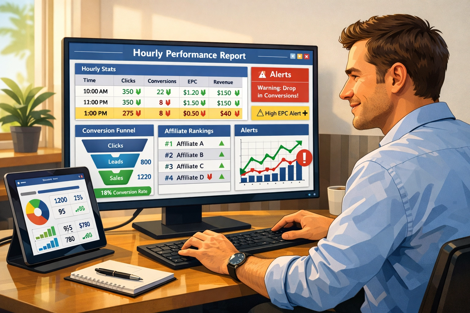 Affiliate manager analyseert uurelijkse prestatie-rapporten op een computerdashboard