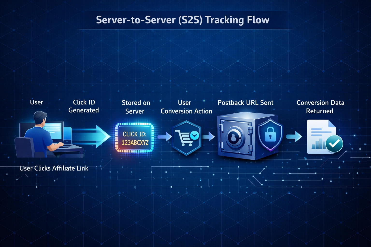 Technical diagram showing S2S tracking flow with click ID generation and postback transmission