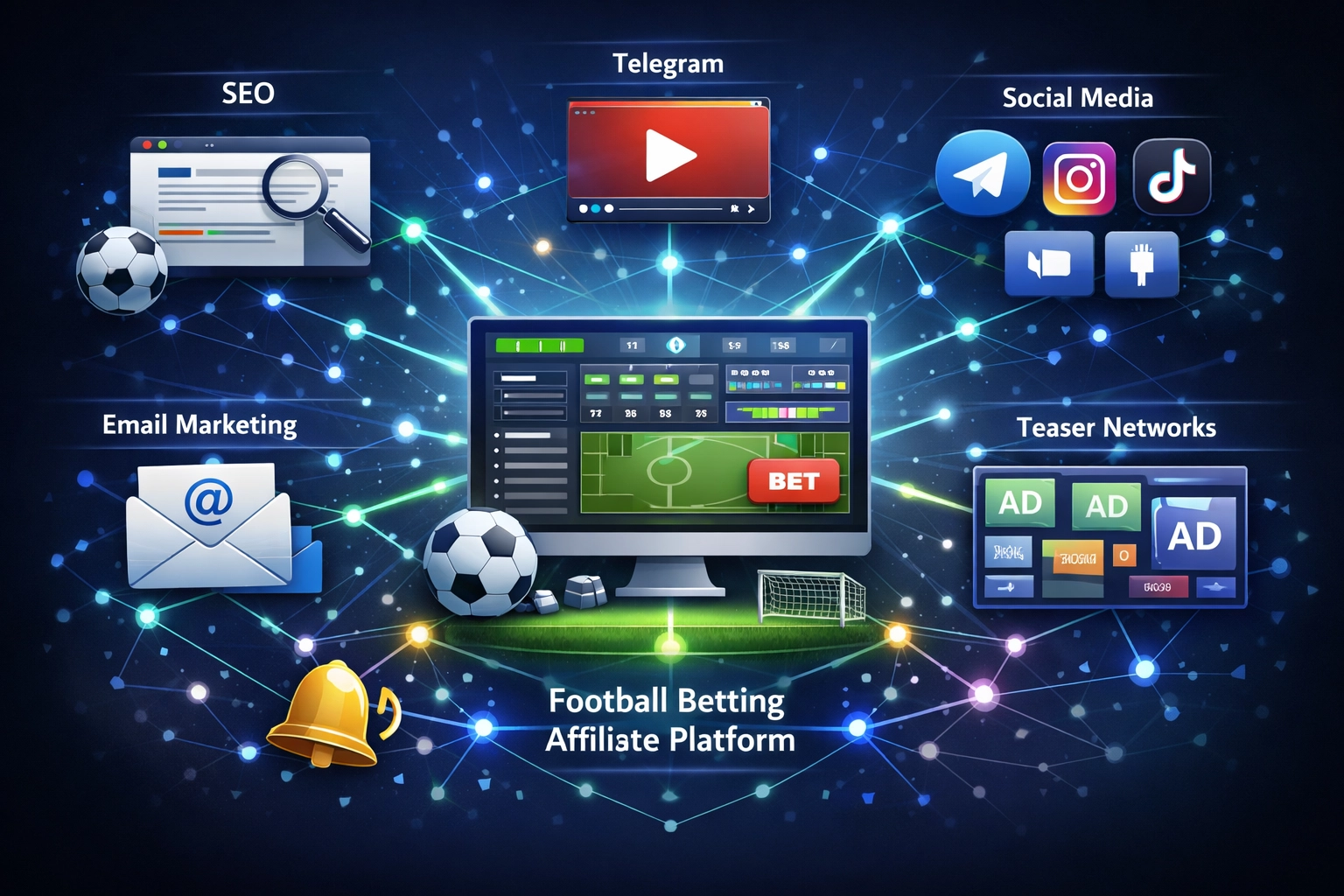 Ecosysteem van digitale marketingkanalen voor voetbalweddenschappen affiliate marketing
