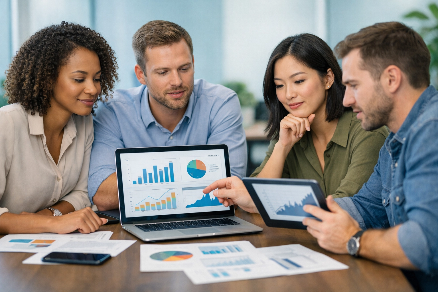 Professioneel team dat affiliateprogramma's evalueert op laptops en tablets