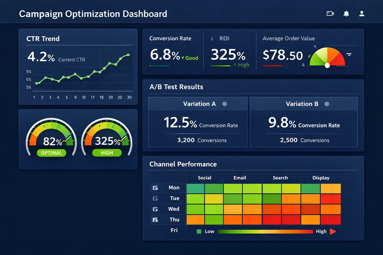 Dashboard voor campagne-optimalisatie met prestatiestatistieken en analytics