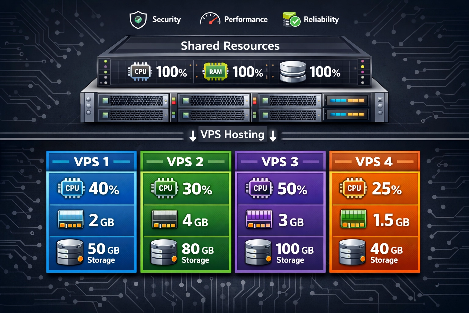 VPS hosting architectuur met geïsoleerde virtuele servers en eigen resources