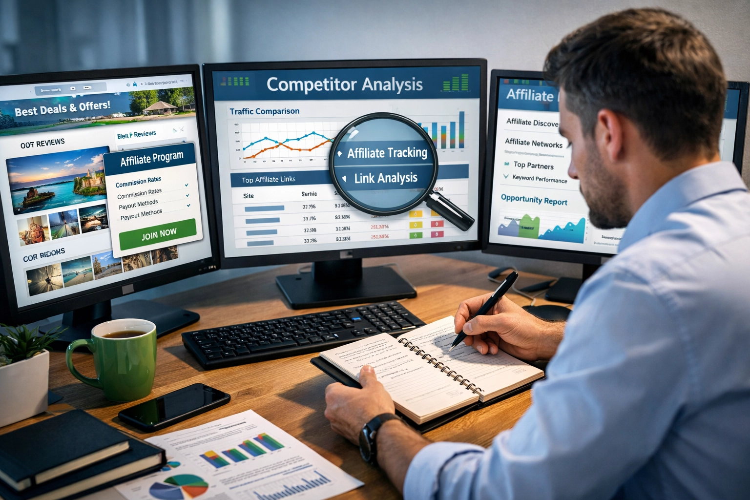 Digitale research en concurrentieanalyse met een professional die concurrentwebsites en affiliatelinks analyseert