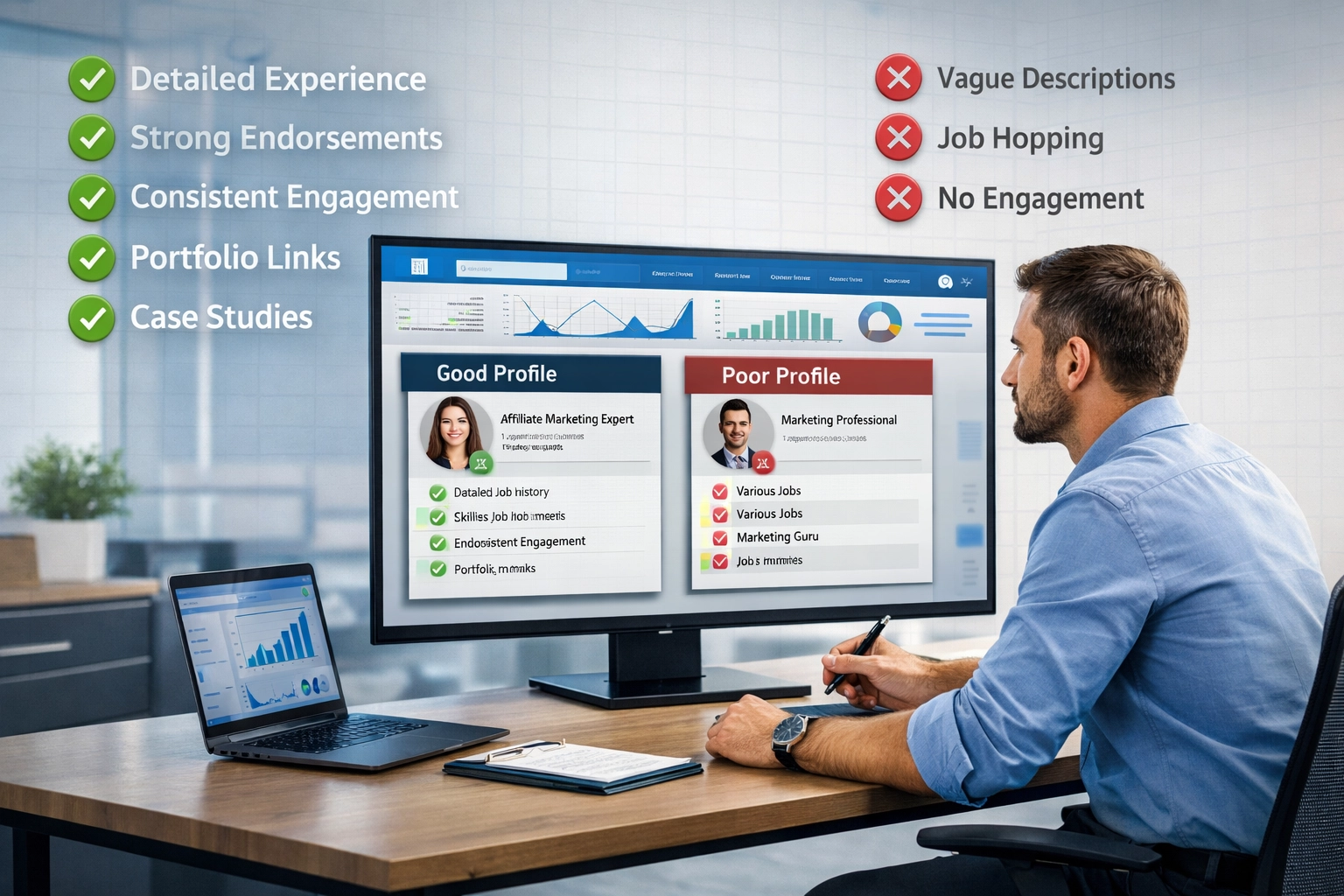 Checklist profielanalyse met groene en rode vlaggen voor affiliate marketeers