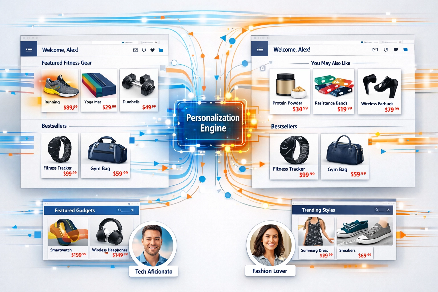 E-commerce website interface showing dynamic content personalization with real-time product recommendations and user behavior tracking