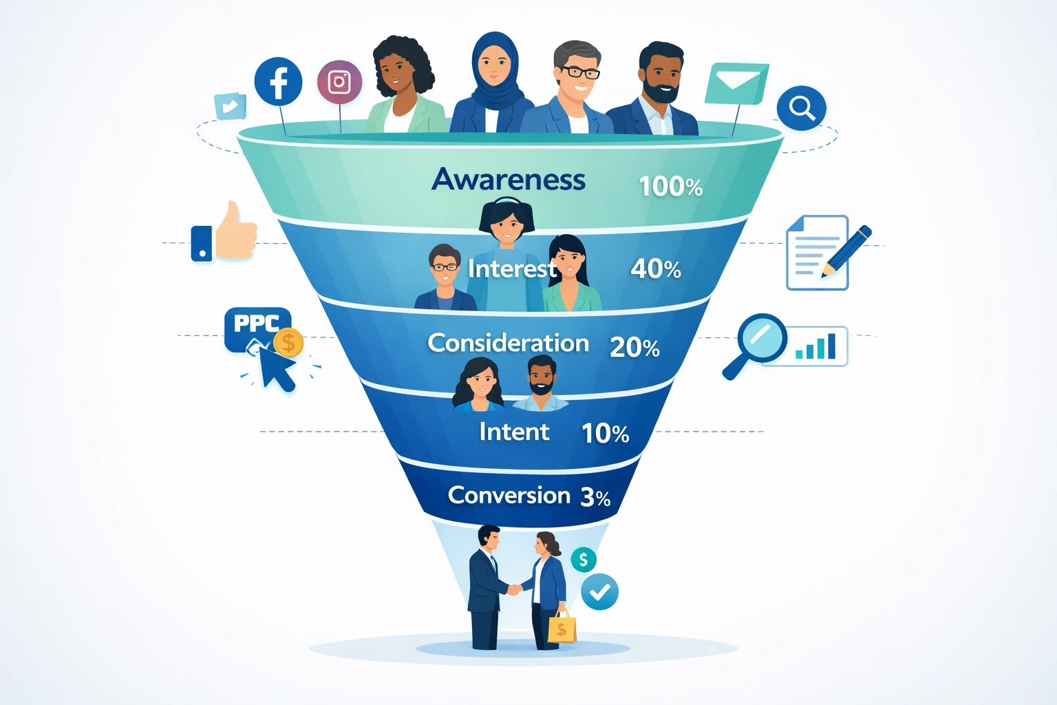 Visualisatie van klantacquisitiefunnel met stappen van awareness tot conversie via meerdere marketingkanalen