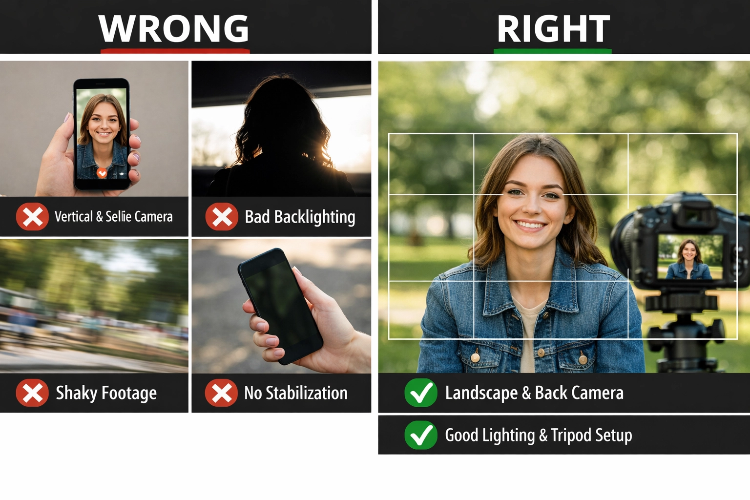 Vergelijking van correcte en verkeerde smartphone filmtechnieken in split-screen
