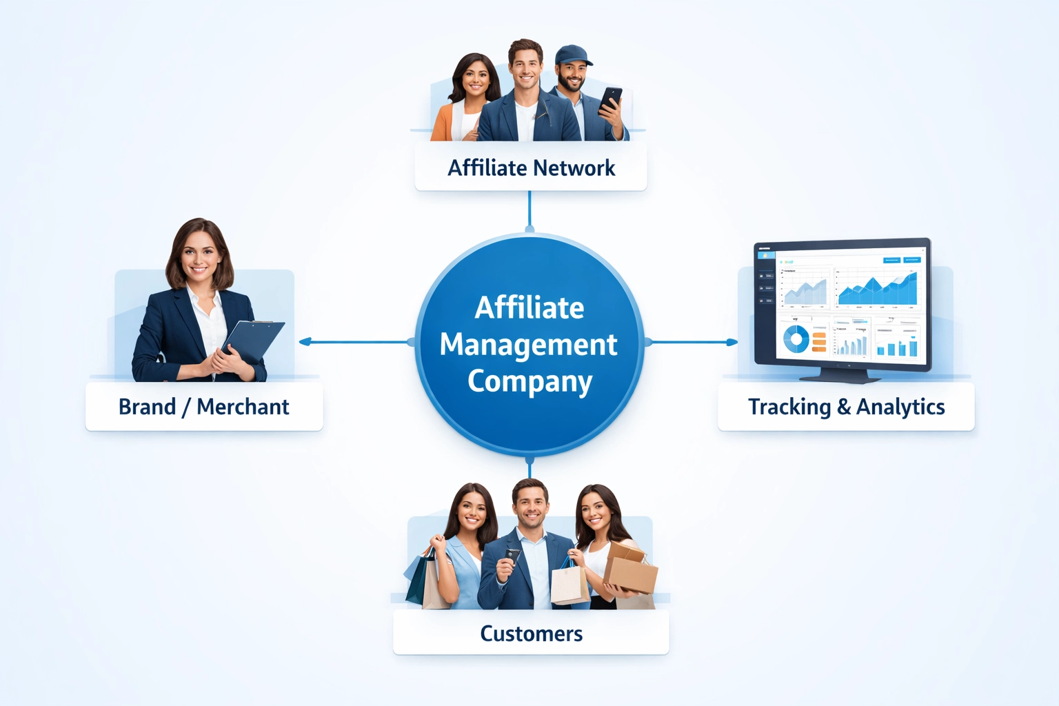 Affiliate management ecosysteem toont verbindingen tussen merk, affiliates, tracking en klanten