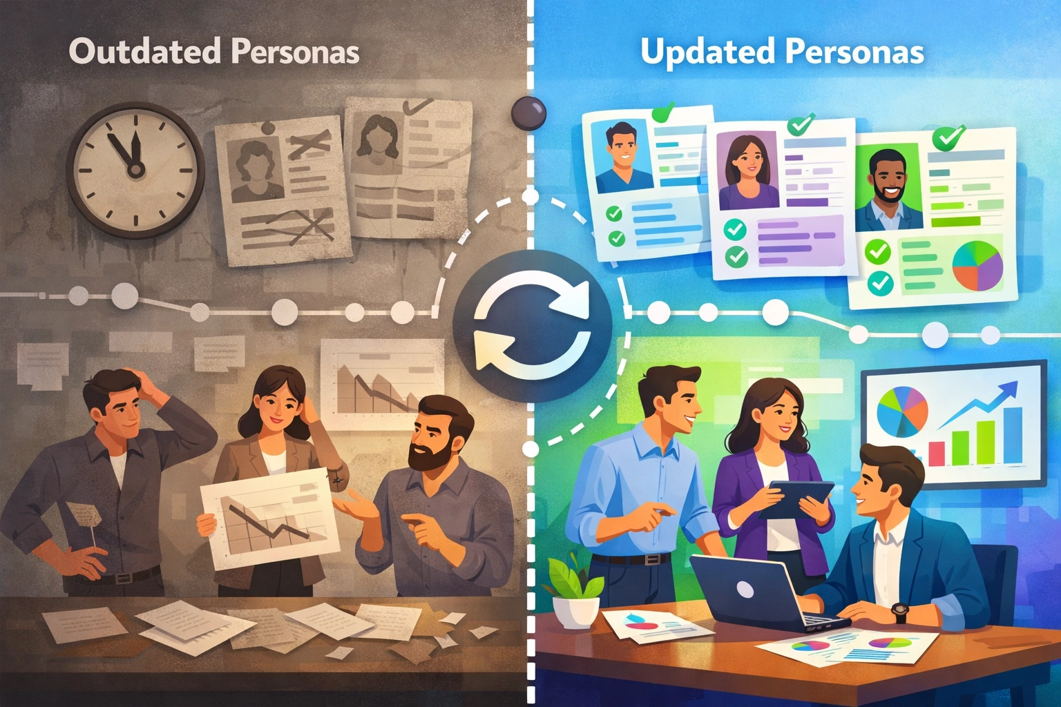 Vergelijking tussen geüpdatete en verouderde buyer persona's, toont verschil in datanauwkeurigheid en business alignment