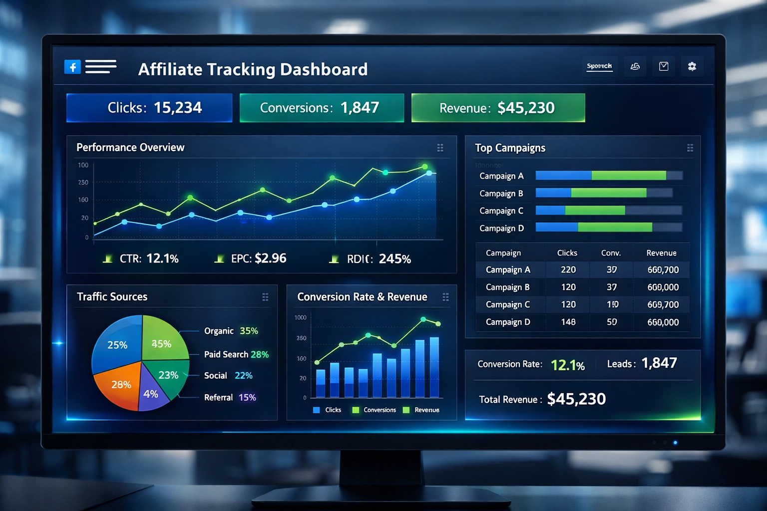 Professioneel affiliate tracking dashboard met realtime statistieken en datavisualisatie