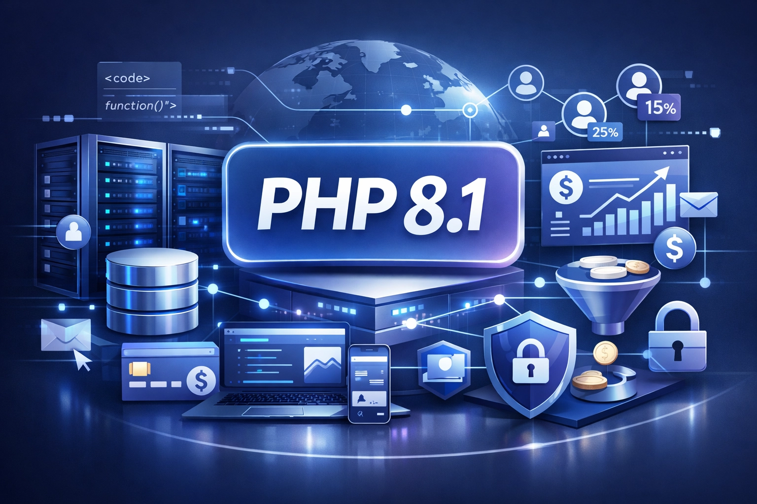 PHP 8.1 technologie-stack visualisatie met affiliate software concept