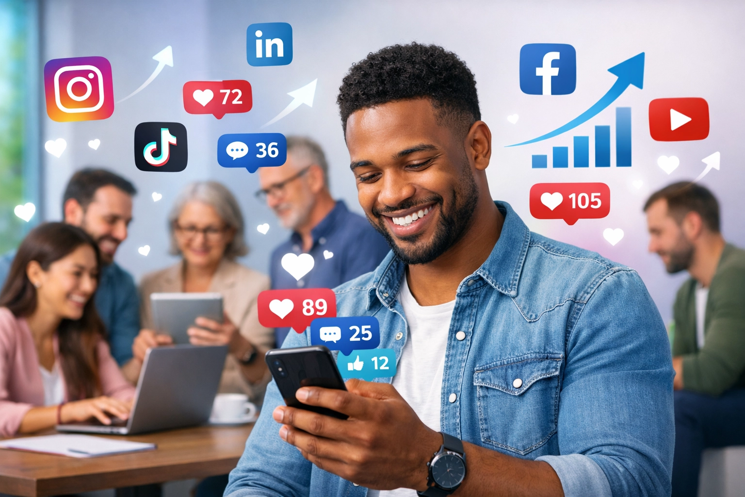 Diverse ondernemers die actief zijn op social mediaplatformen, omringd door betrokkenheidsstatistieken en social media-iconen