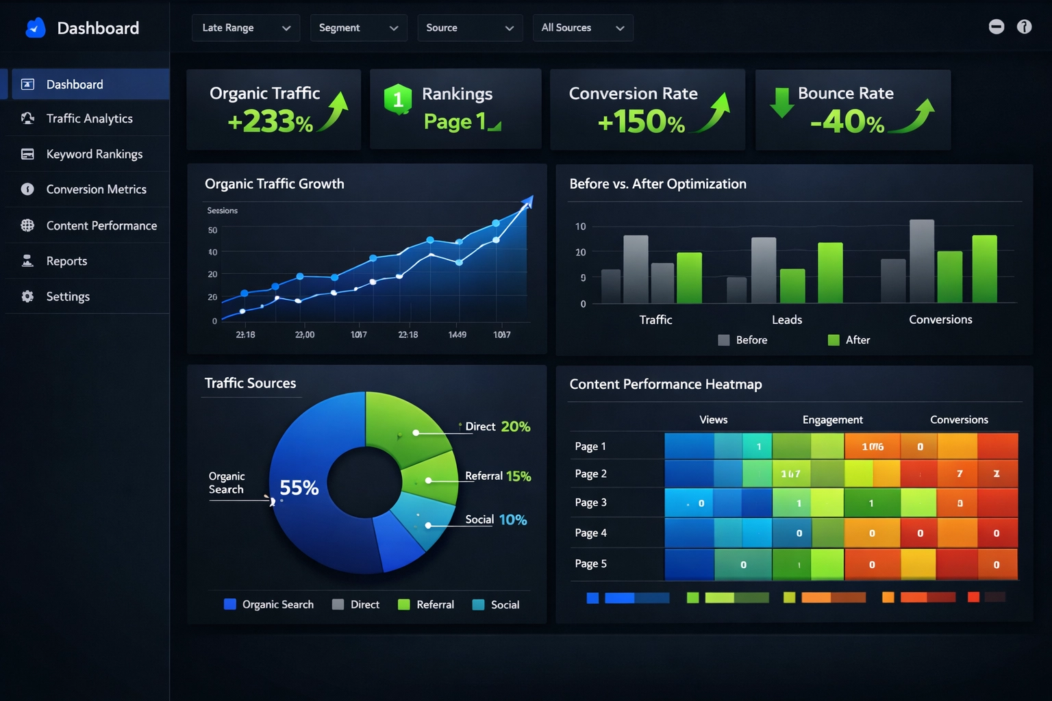 Analytics dashboard met contentprestaties, organische groei en conversieverbeteringen