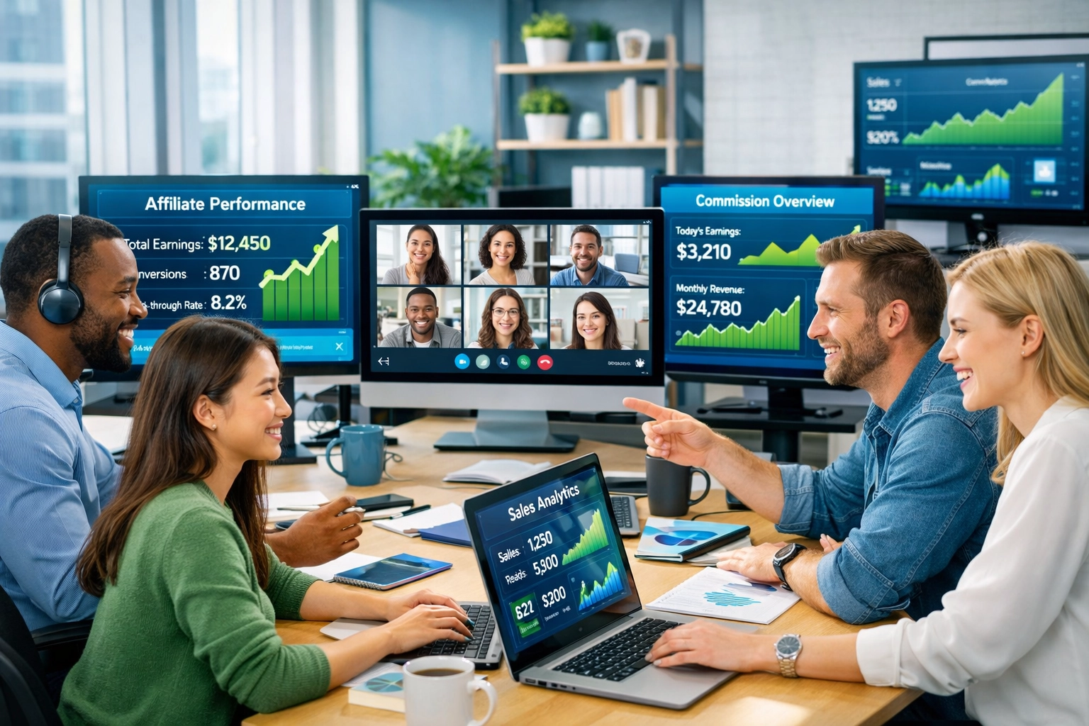 Divers affiliate team werkt samen met analytics dashboards die succesvolle resultaten tonen