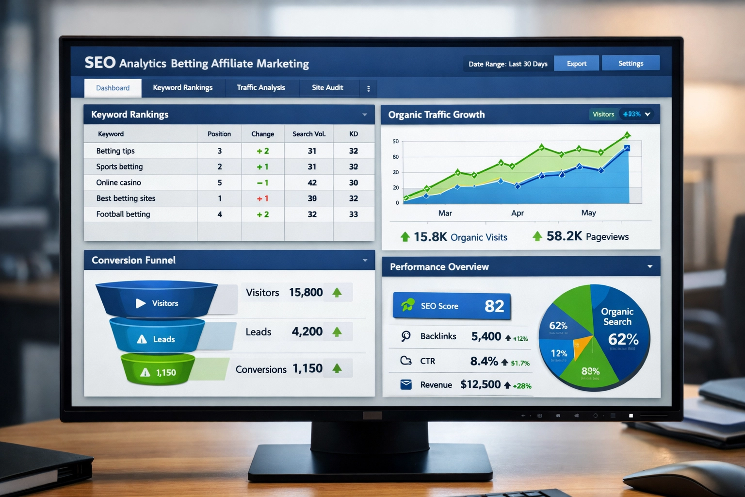 SEO-analysetool met zoekwoordposities, verkeersgroei en prestatie-indicatoren voor wedden affiliate-inhoud