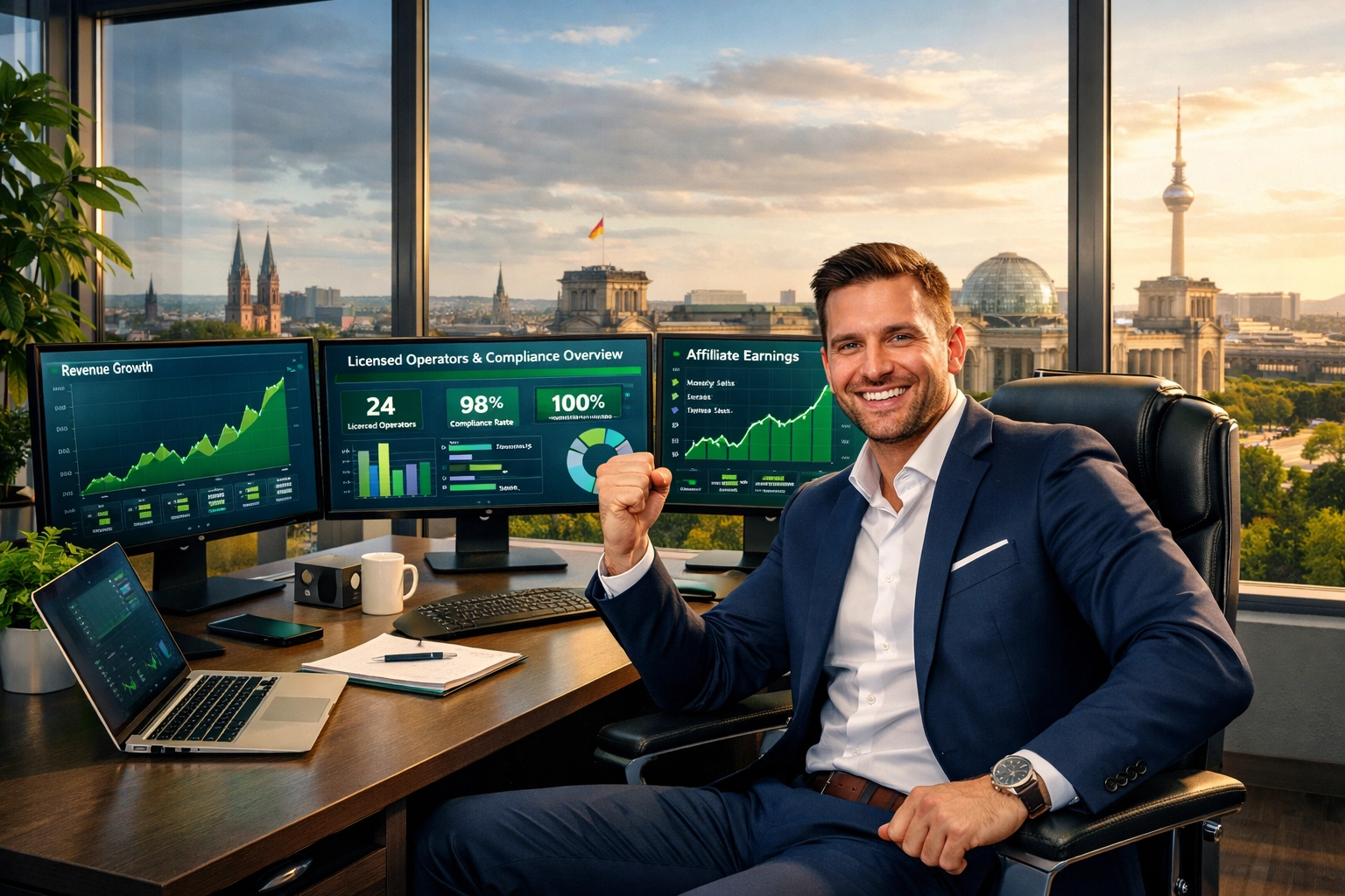 Succesvolle affiliate marketeer viert compliance-succes met groeigrafieken en dashboard van gelicentieerde aanbieders