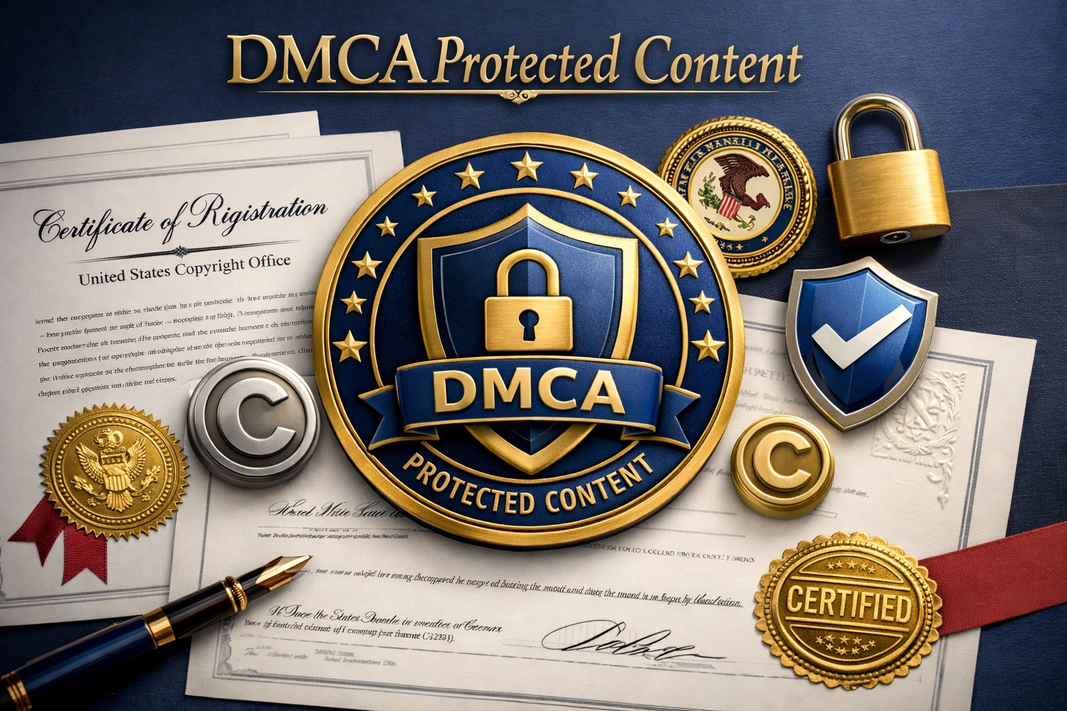 DMCA-beschermingsbadge en copyrightregistratiedocumentatie