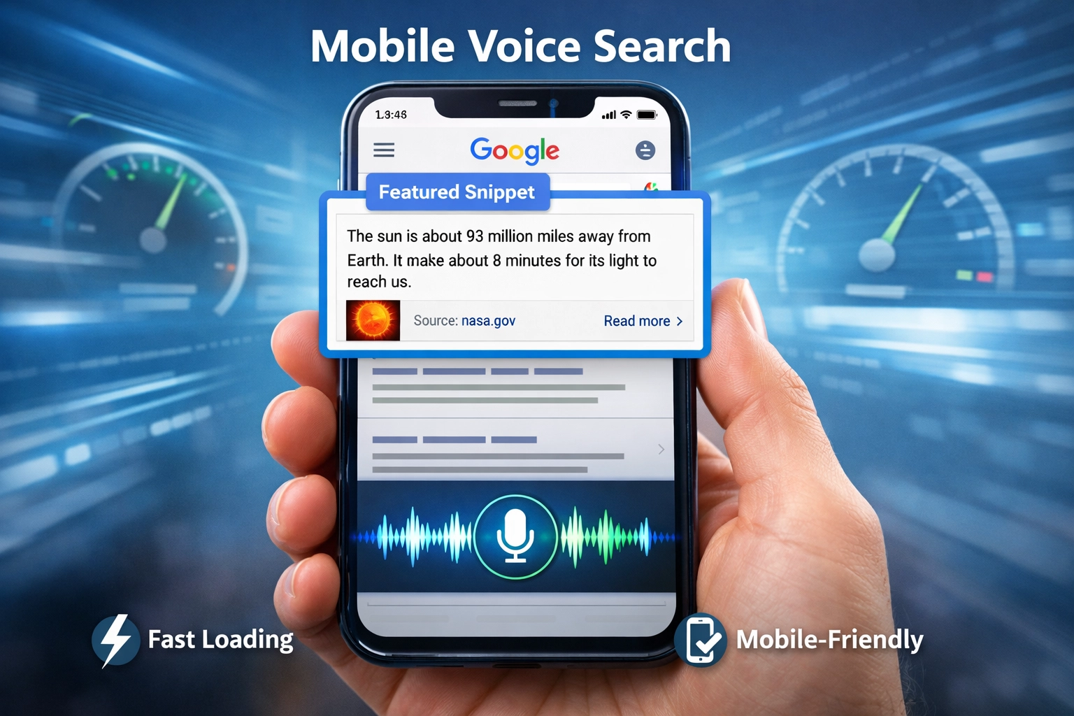 Mobile-first voice search optimalisatie met smartphone met featured snippet en snelle laadtijd-indicatoren