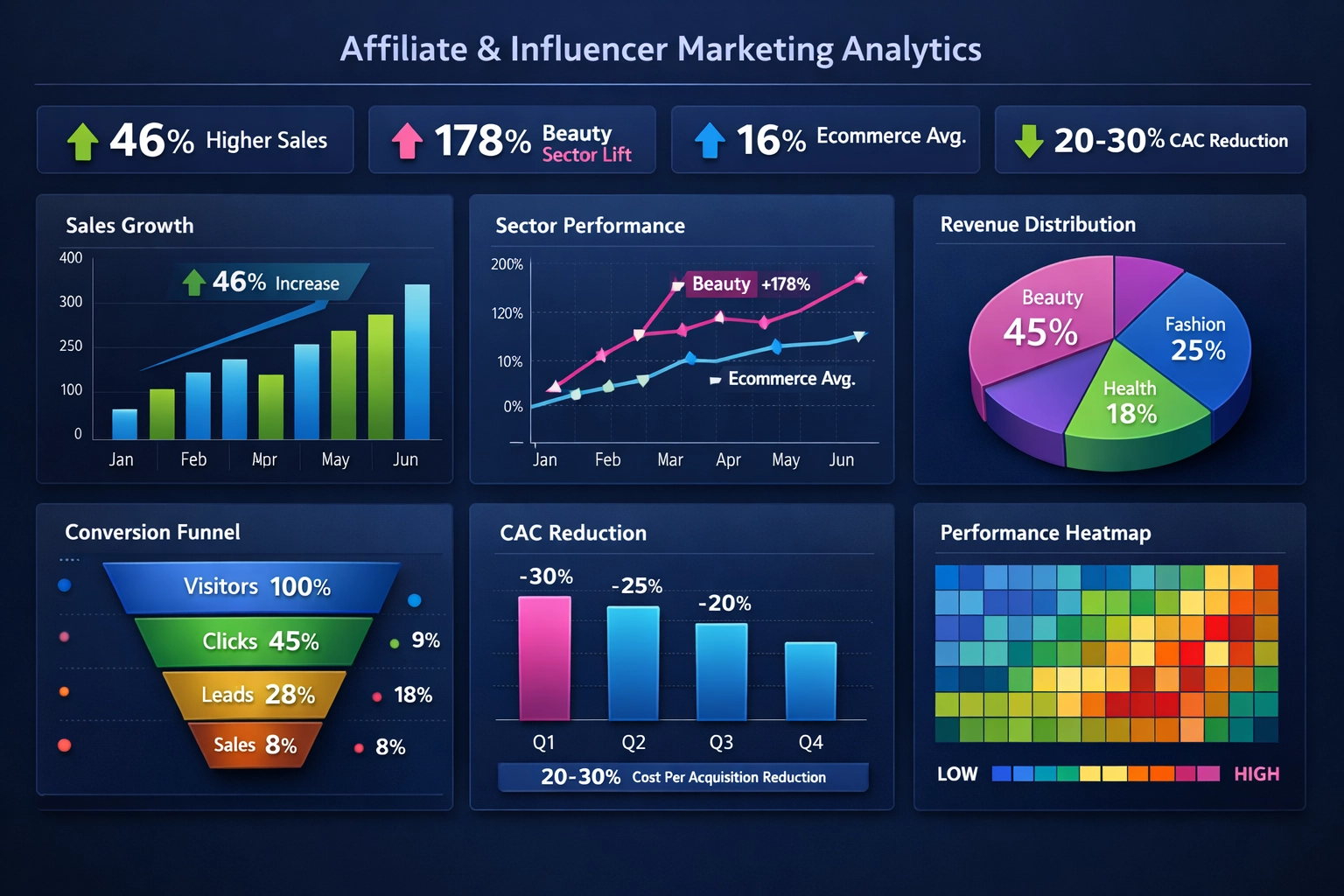Dashboard met prestatiecijfers die 46% hogere omzet en ROI-analyses tonen