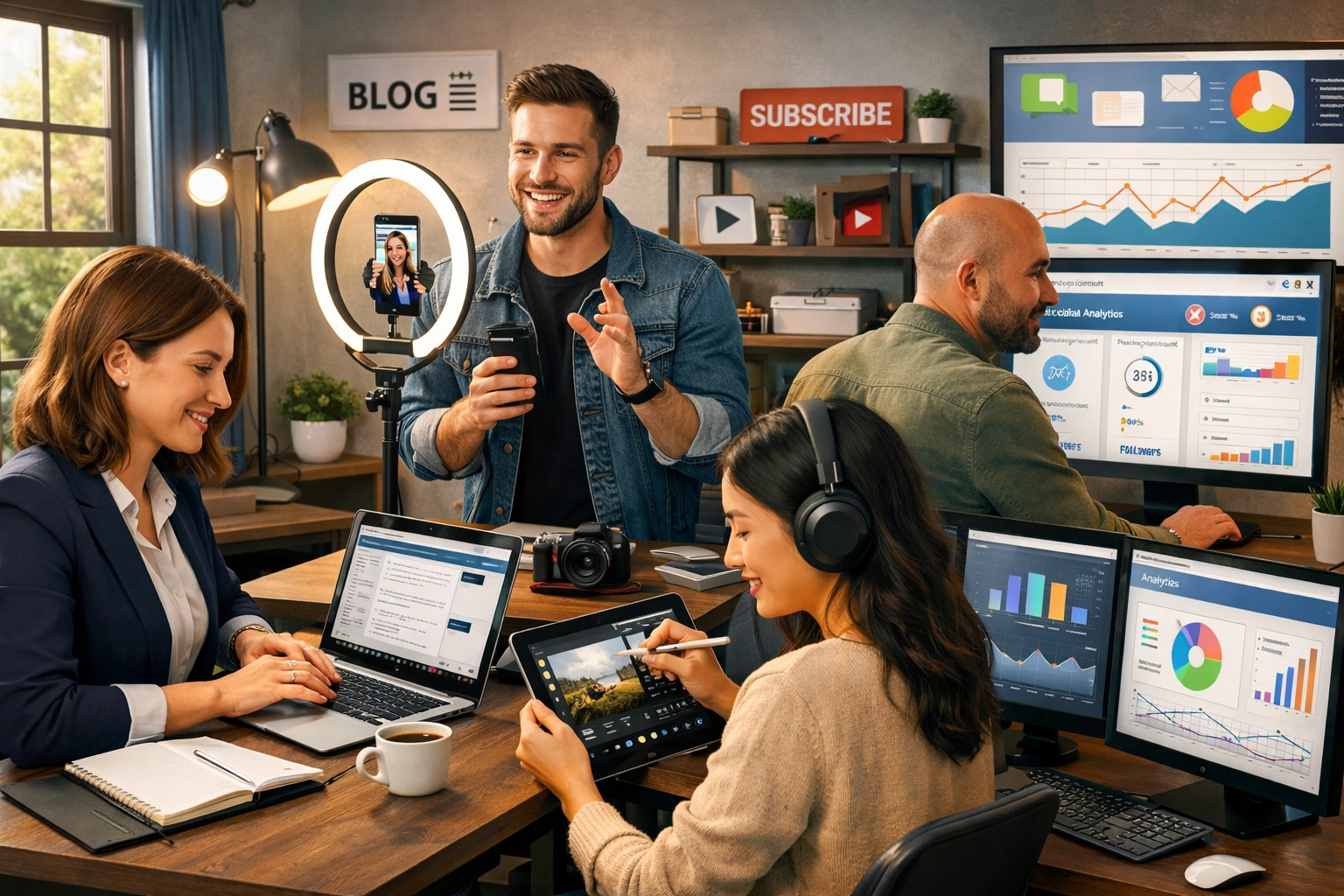 Diverse affiliate marketeers en influencers die werken op verschillende digitale platforms