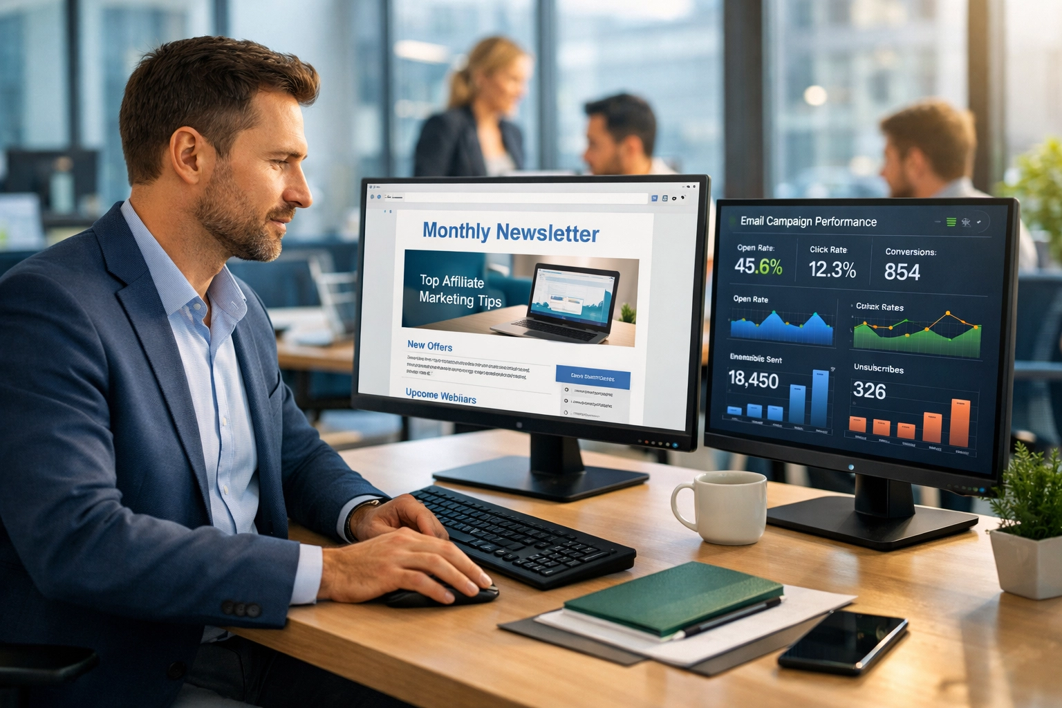 Affiliate manager bekijkt e-mailnieuwsbrief op computer met teamoverleg op de achtergrond