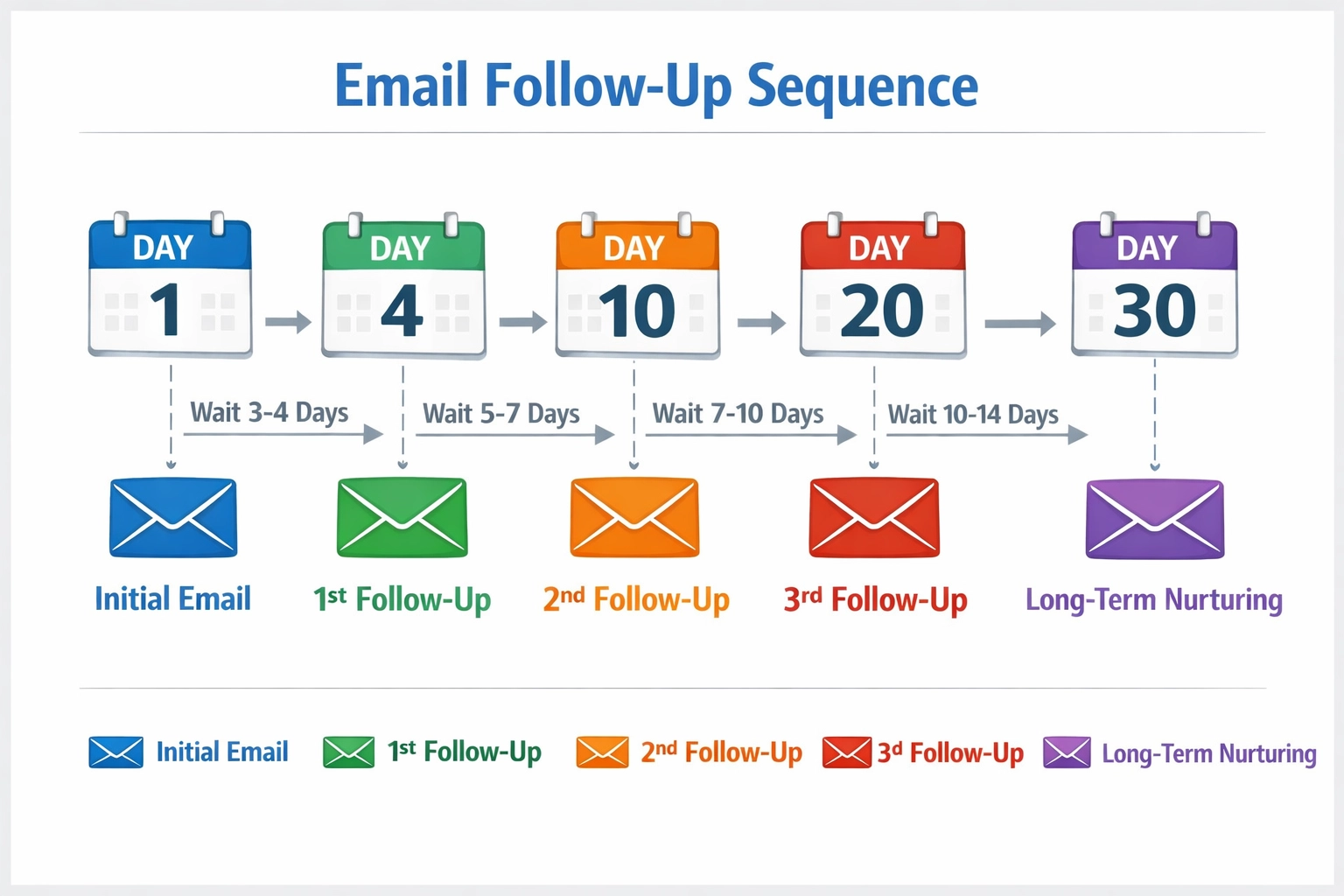 E-mail follow-up tijdlijn infographic met een sequentie van Dag 1 tot Dag 30 en kleurgecodeerde e-mailtypes