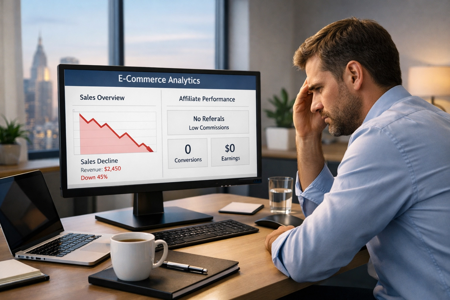 Gefrustreerde e-commerce winkelier analyseert lage affiliate-activiteitscijfers op dashboard