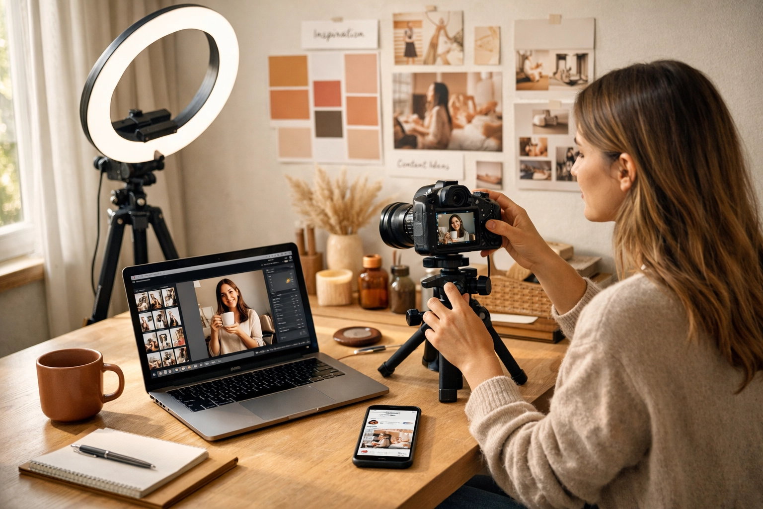 Werkplek van een professionele content creator met camera, belichting en editing setup