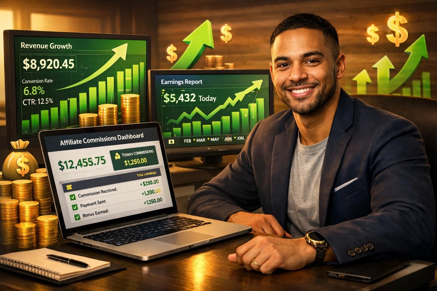 Affiliate marketeer die inkomensgroei toont met stijgende grafiek en commissiedashboard