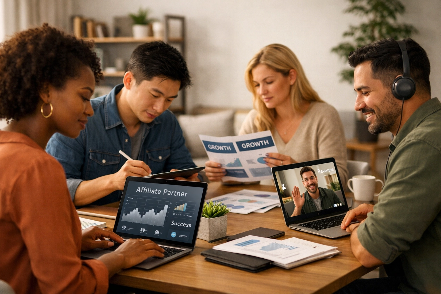 Diverse affiliate partners werken aan hun eigen bedrijven in een moderne, samenwerkende werkruimte