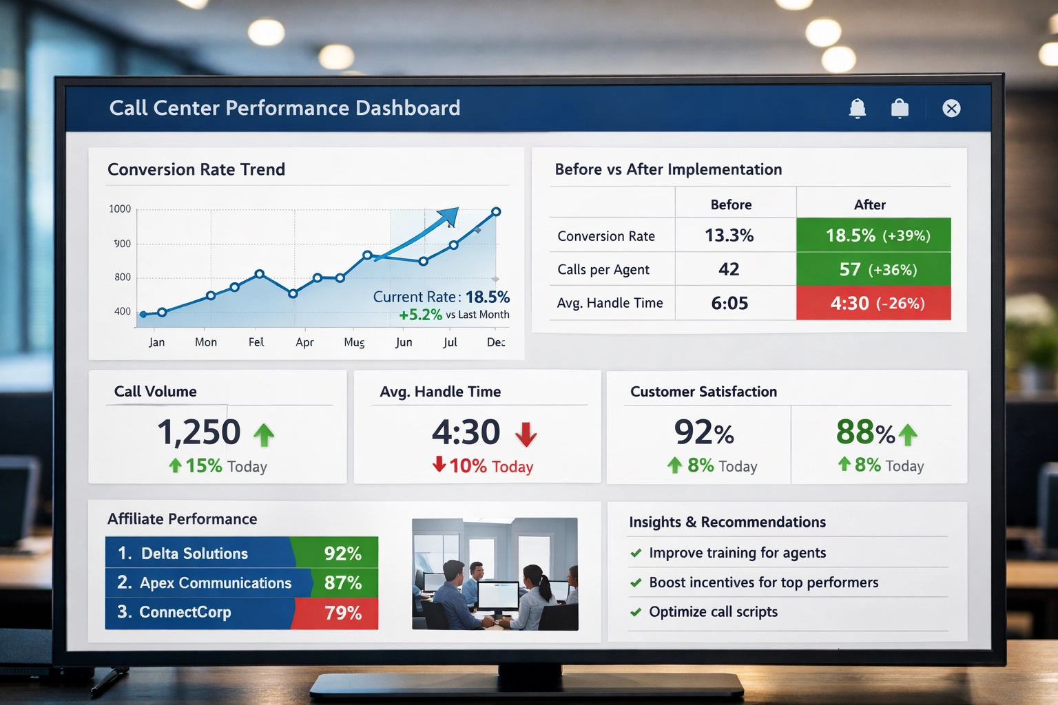 Analytics- en prestatietrackinginterface met conversietrends en KPI-statistieken