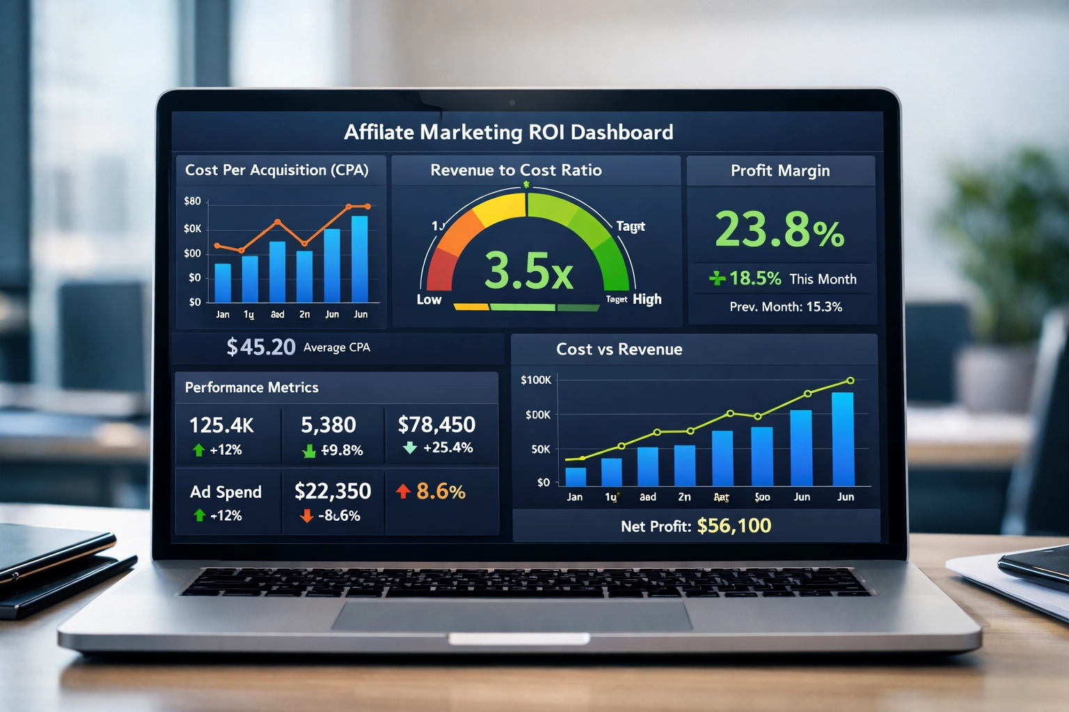 ROI-berekening en kosten-batenanalyse dashboard voor affiliate marketing met metrics en financiële data