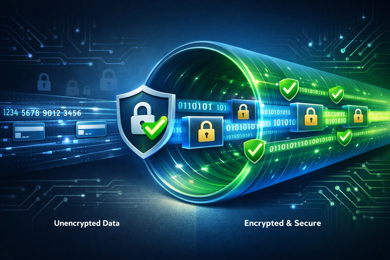Visualisatie van betalingsbeveiliging en versleuteling die veilige gegevensoverdracht toont