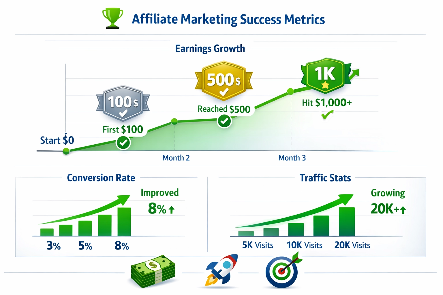 Dashboard met successtatistieken voor affiliate marketing: groeiende inkomsten en conversieratio’s